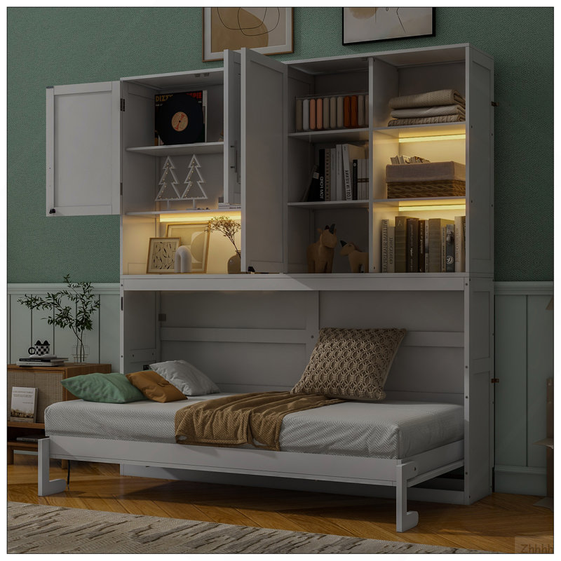 Lit escamotable mural simple avec armoire supérieure, tablettes, lit pliable peu encombrant avec lumière et USB, blanc, White