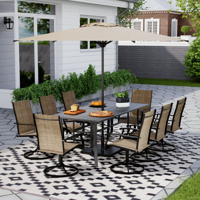 9 Piece Patio Dining Set, Outdoor Dining Table And Chairs Set For 8, 8 Swivel Chairs, 1 Iron Rectangular Table With Adjustable Umbrella Hole, Patio Furniture Set For Deck, Backyard, Lawn, Poolside, Brown/grey/blue