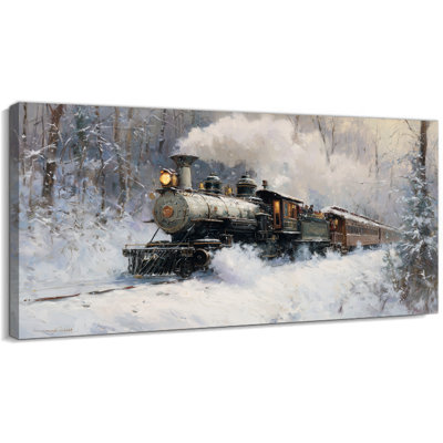 Impression sur toile, train à vapeur, scène d'hiver, forêt de pins enneigée, impressions sur toile pour décoration murale de Noël, impressions sur toile de paysage, art mural rétro pour la chambre de bureau à domicile, 16 po x 32 po