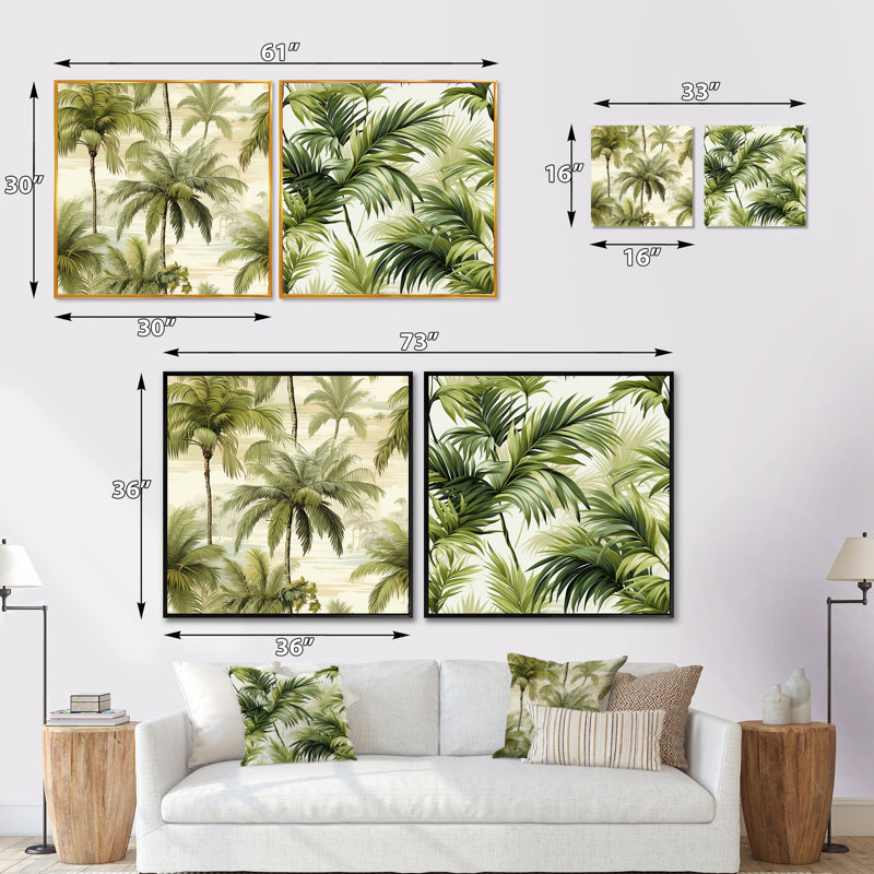 Ensemble de 2 palmiers rétro Vintage Tropical, Cadre flottant noir, H 36 po x l 73 po