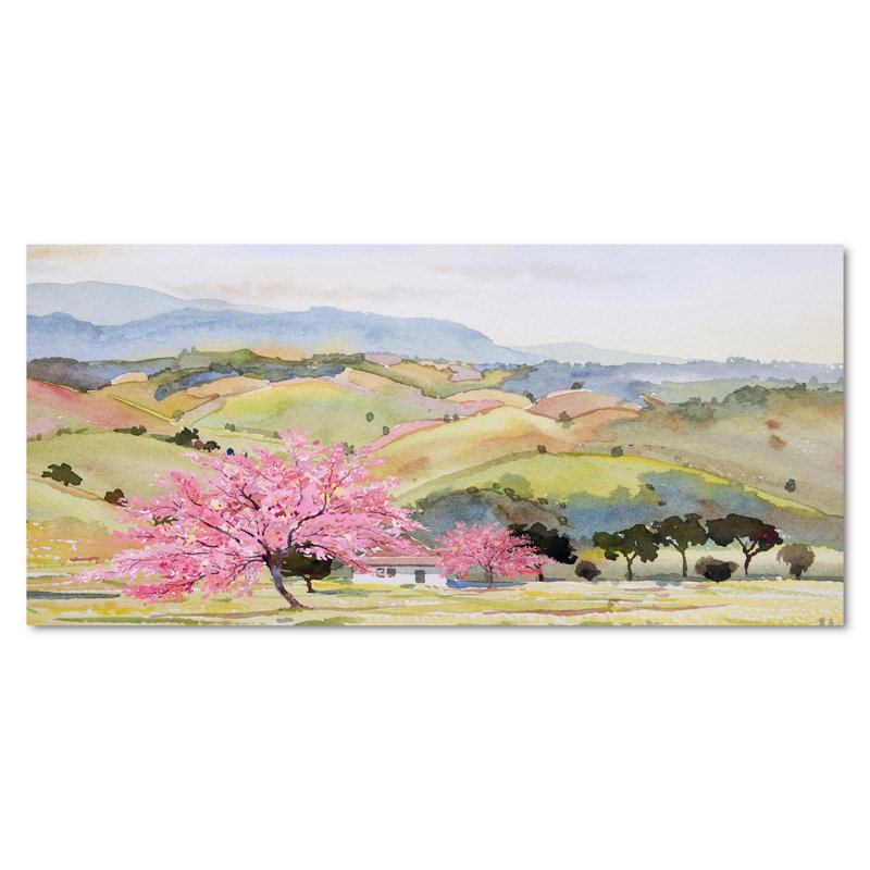 «Pink Mountain Tree in Autumn Landscape», peinture sur toile, L 60 po x H 28 po, Toile tendue