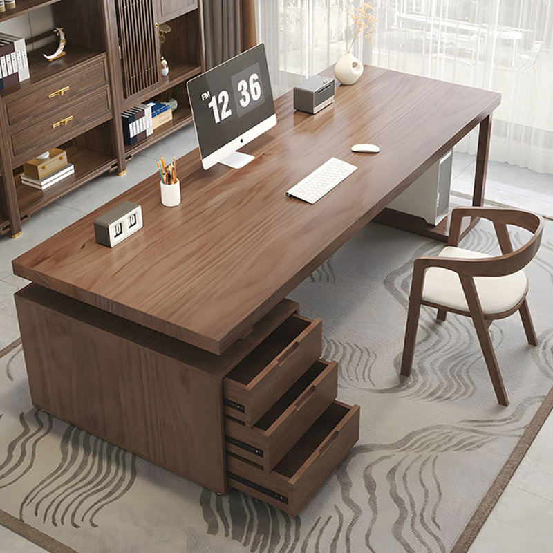 Bureau rectangulaire brun clair en bois massif avec 3 tiroirs, H 29,53 po x l 70,87 po x P 31,5 po