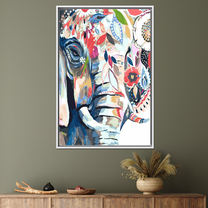 Abstrait éléphant, art mural sur toile, motif floral blanc 1P, 63,1 po H x 39,4 po l