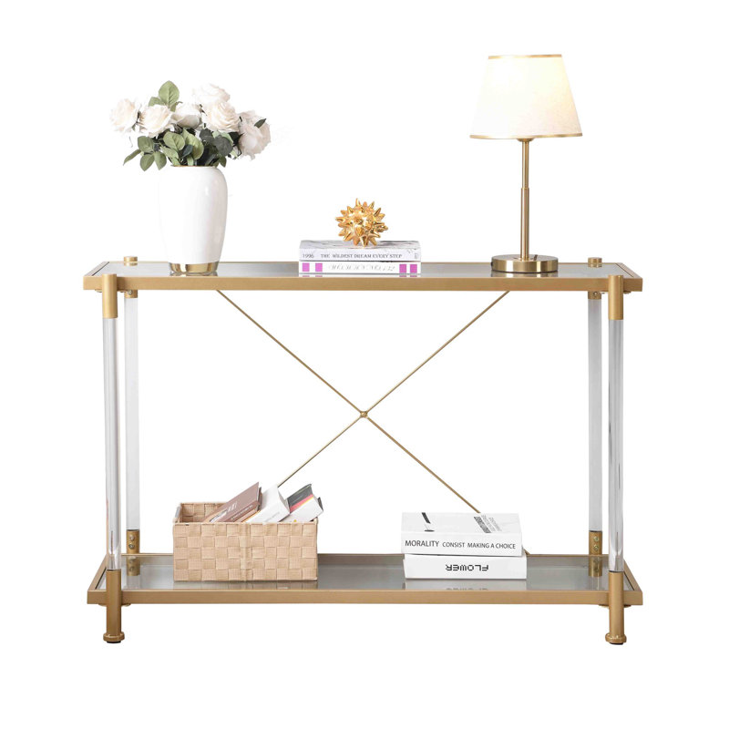 43'' Golden Glass and Metal Console Table with Storage