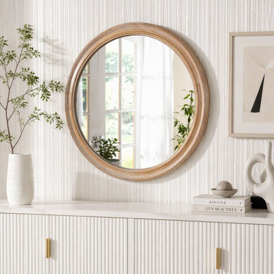 Miroir mural rond de style champêtre avec cadre en bois vieilli 35,43 po