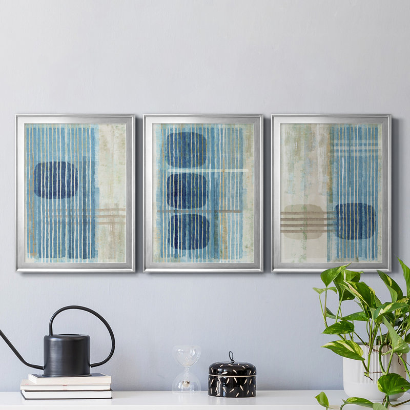 " Blue Blue Horizon I " 3 - Pieces Painting Print, Silver, 36.5" H x 79.5" W x 1" D