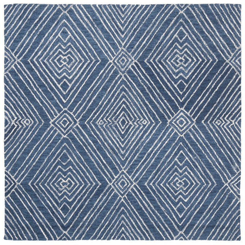 Elginpark Hand Tufted Wool/Cotton Geometric Rug in Ivory/Navy, Square 5'