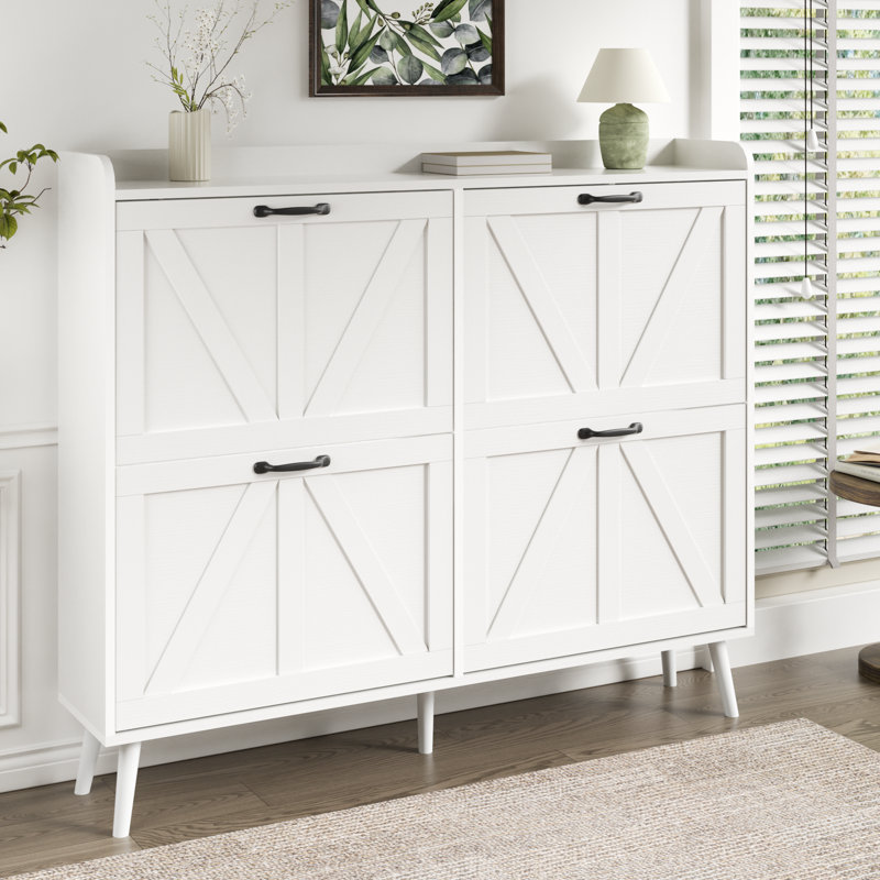 Shoe Cabinet With 4 Flip Drawers, Freestanding Farmhouse Shoe Organizer Cabinet, White