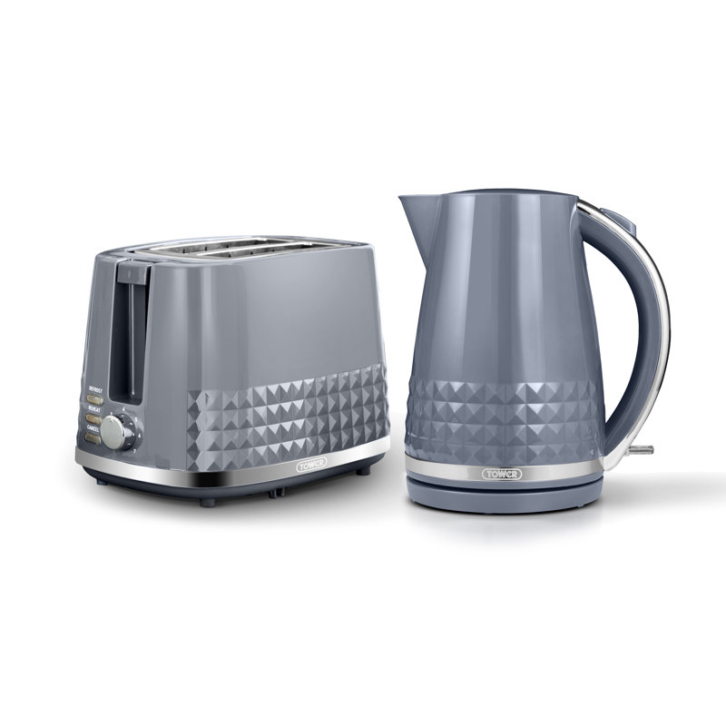 Tower Solitaire Kitchen Set, 1.5L Rapid Boil Kettle & 2 Slice Toaster, Grey