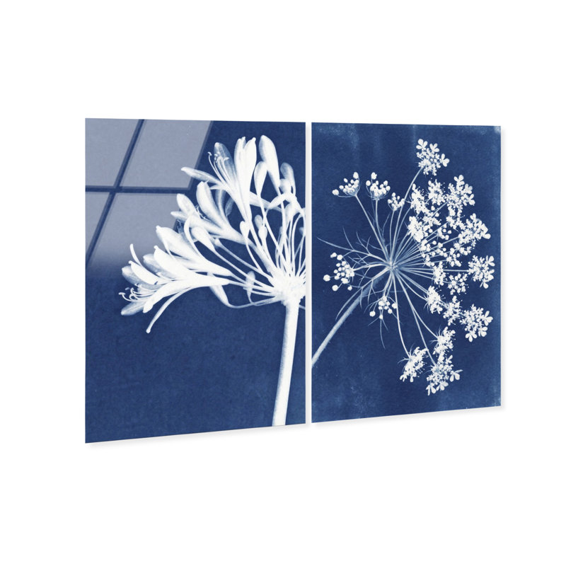 Cyan Flowers Set High-Gloss Frameless Acrylic Glass Wall Art Floral & Botanical Print by Oliver Gal, Ready to Hang, 10 x 15