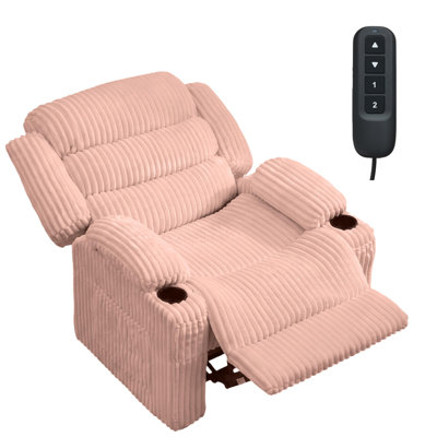 Oversized Power Recliner Chair for Adults, 26" Extra-Wide Seat - Electric Recline w/ Memory Remote, Quiet Motor - USB/Type-C Charging, Cup Holders & Side Pockets - Corduroy Pink