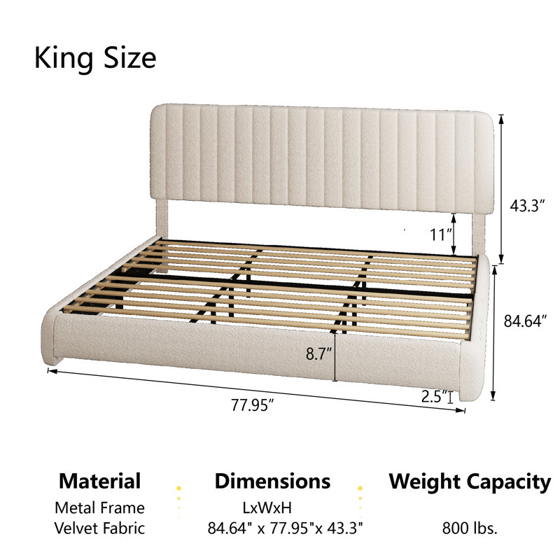 Structure de lit tapissier avec tête de lit réglable Haden, Beige, Roi