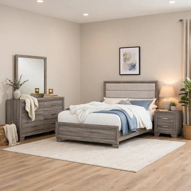 Ensemble de chambre avec grand lit 4 pièces Reay, tapissier, brun gris, Grand
