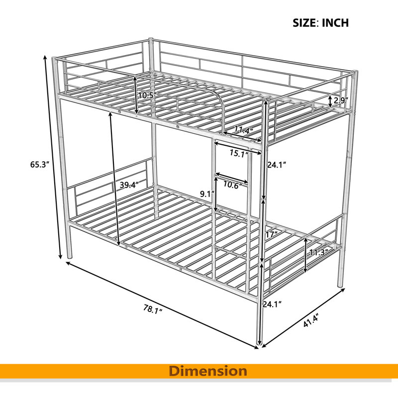 Twin Over Twin Metal Bunk Bed, Silver