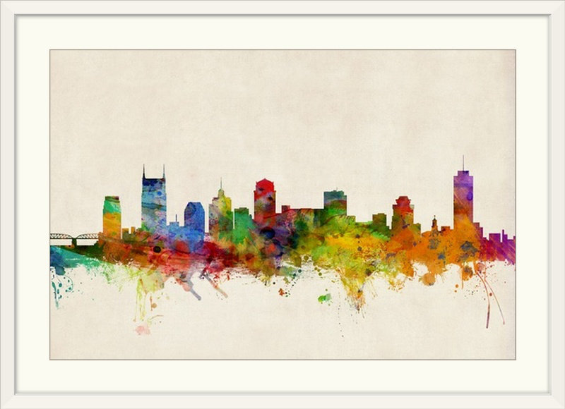 «Nashville Tennessee Skyline» par Francy, impression, H 24 po x l 32 po x P 1 po, Cadre blanc
