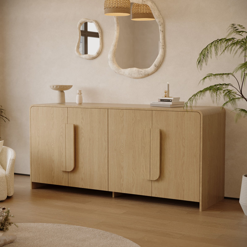 Buffet incurvé moderne de 63,78 po avec 4 portes et poignées irrégulières pour le rangement dans la salle à manger, Beige