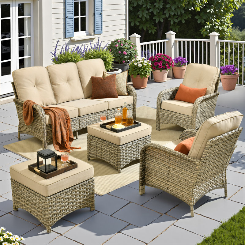 Ensemble de mobilier d'extérieur en osier 5 pièces avec coussins et repose-pieds, Beige