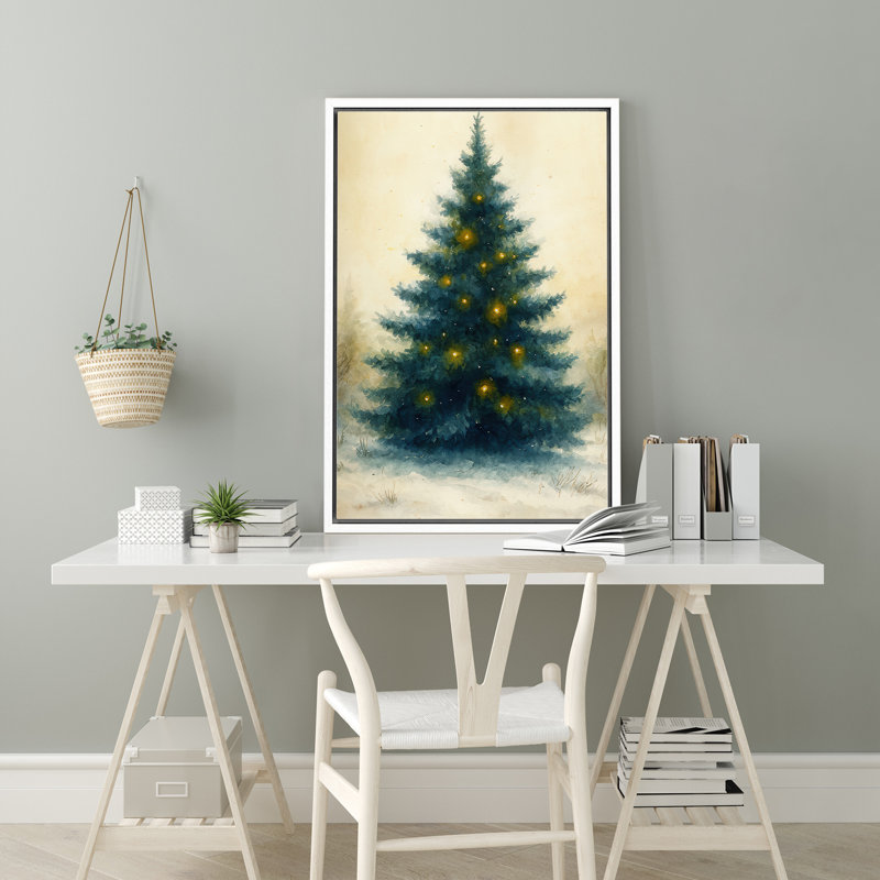 Arbre de Noël avec lumières dorées, impression sur toile encadrée, H 24 po x l 16 po x P 1,5 po, Cadre blanc
