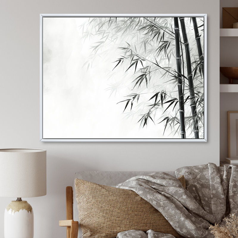 Bambou sauvage noir et blanc sur toile, H 12 po x l 20 po x P 1 po, Cadre flottant blanc