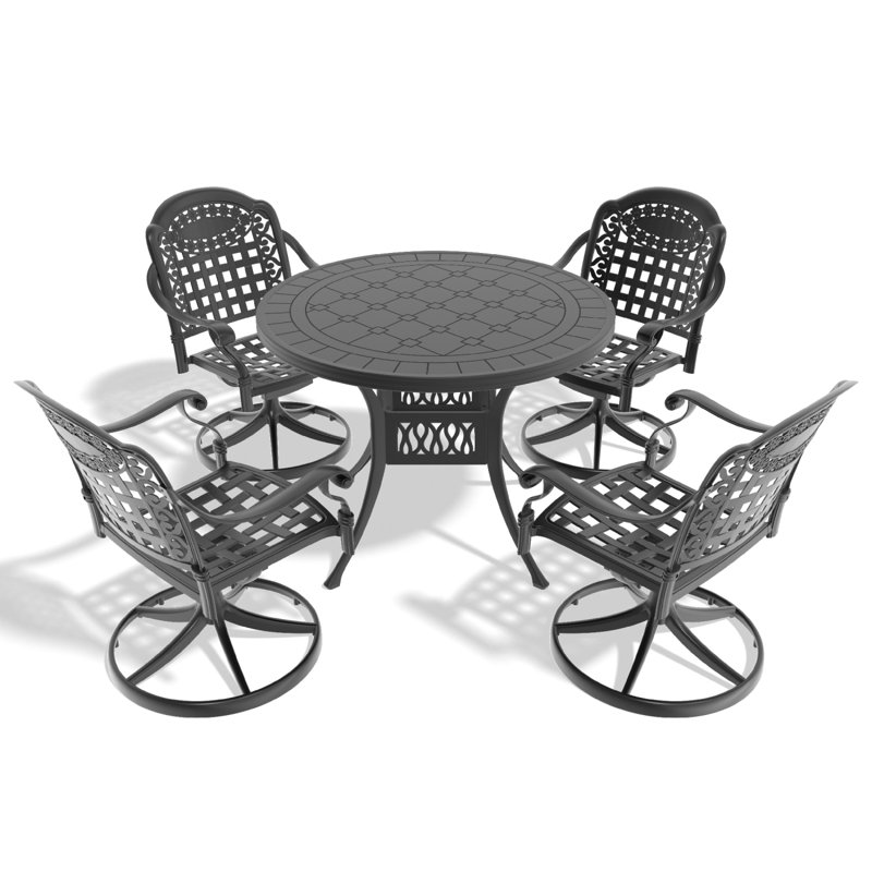 Ensemble de salle à manger 5 pièces en aluminium coulé résistant aux intempéries, comprenant 4 chaises pivotantes et une table ronde de 39,37 po avec cadre