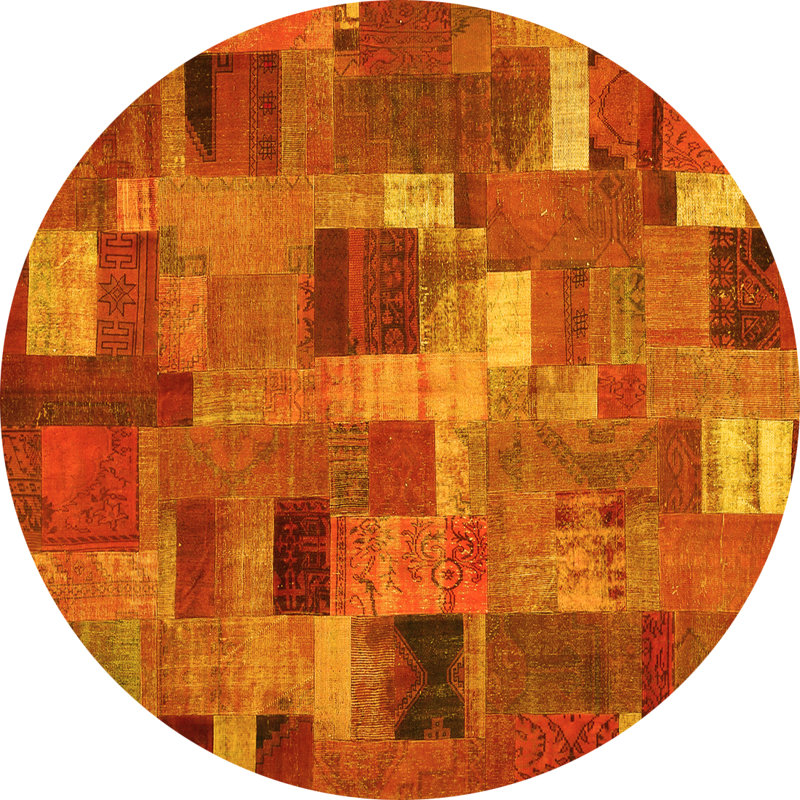 Tapis contemporain 445 jaune lavable à la machine, Rond 7 pi