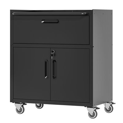 Armoire en métal robuste à usage de garage - 1 tiroir, 2 portes verrouillables, rangement à eau, noir et gris avec système de verrouillage à 360 roues,