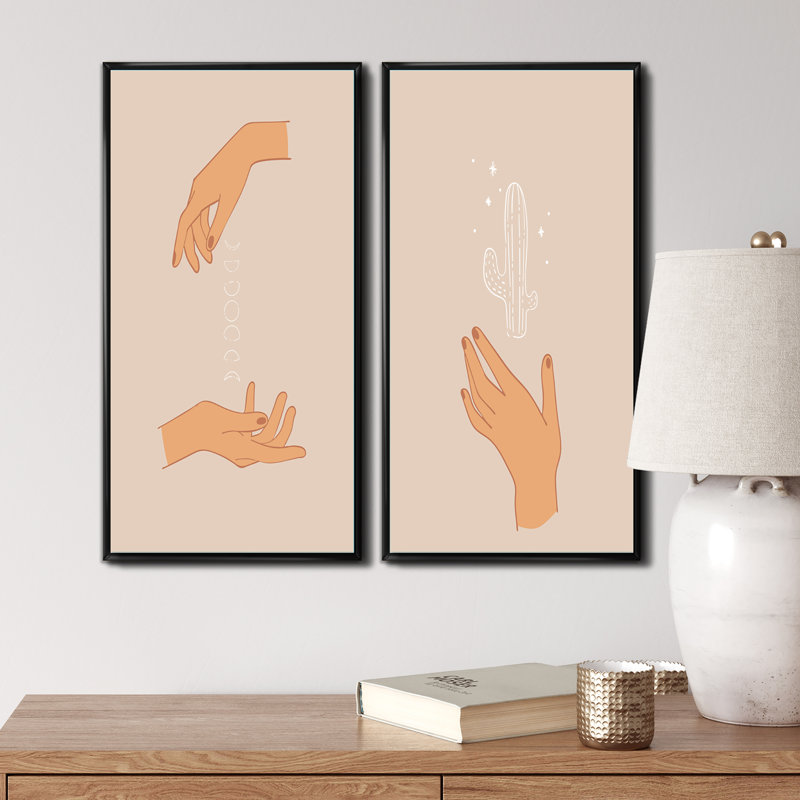 «Vintage Illustration of Hands I», ensemble de 2 peintures, H 20 po x l 24 po x P 1 po, Toile avec cadre noir