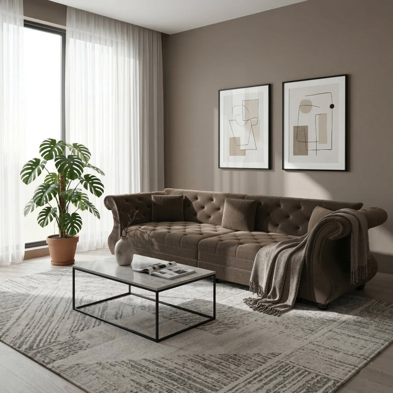 Canapé-lit 98 po très grand Chesterfield, H 34,6 po x l 98 po x P 33 po, Brun