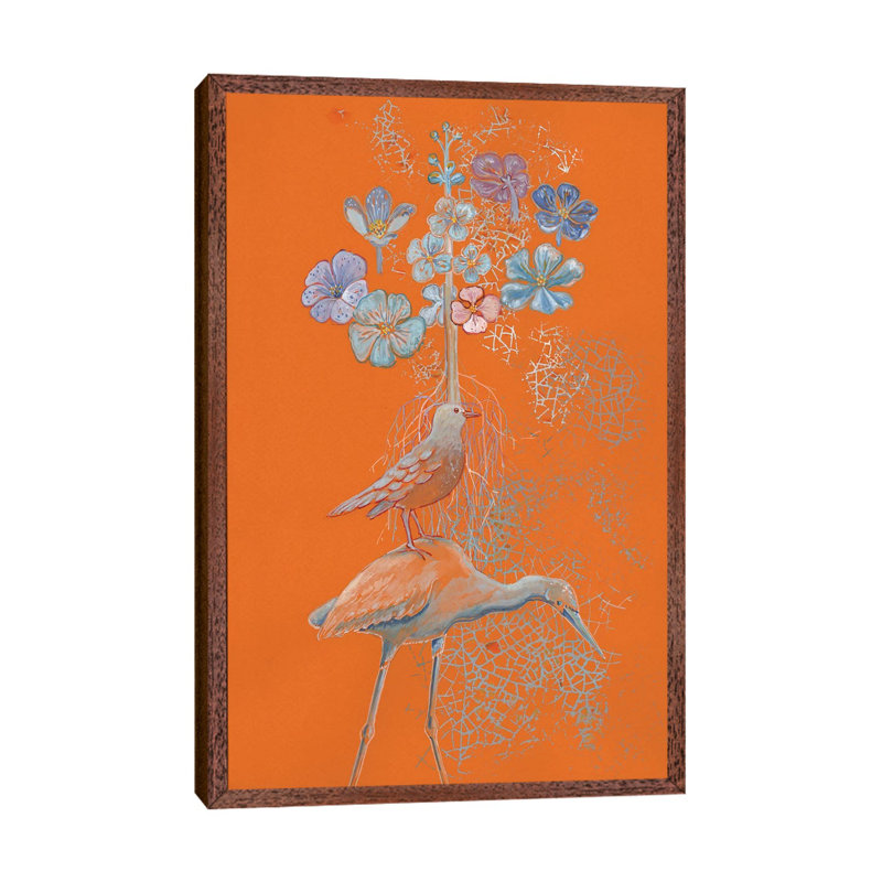 Heron Dreams On Orange by Miri Eshet - Print on Canvas, Classic Brown Wood Framed, 101.6 cm H x 66.04 cm W