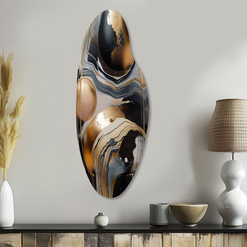 Gold And Black Marbled Euphoria V - Curved Abstract Marble Metal Wall Art, Asymmetrical Metal Wall Sculpture Print
