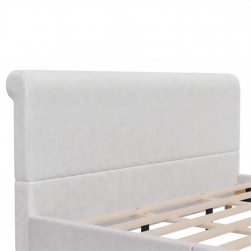 Très grande base de lit tapissier avec tête de lit haute et pied de lit roulé