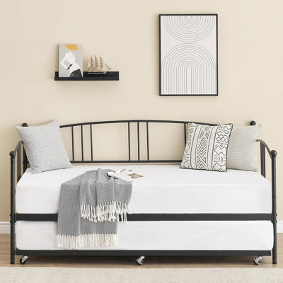 Twin Daybed With Trundle, Metal Twin Size Daybed With Pullout Trundle 6 Casters, Steel Slat Support Sofa Bed For Living Room, Bedroom, Guest Room, No -  Winston Porter, BF43C657494B4F1D82ED79F41F857D8C