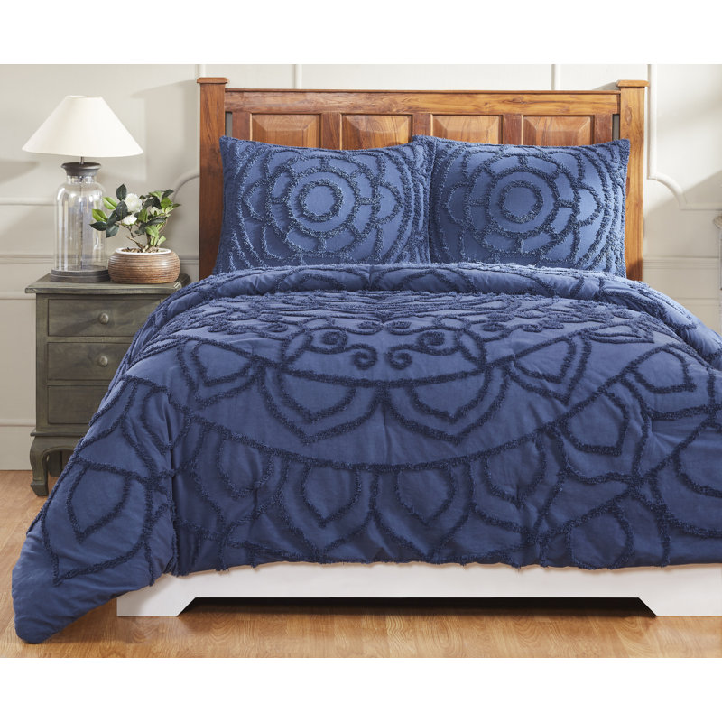 100% Cotton Machine Washable Floral Pattern Comforter with Sham Set, Navy, Full/Queen Comforter + 2 Standard Shams