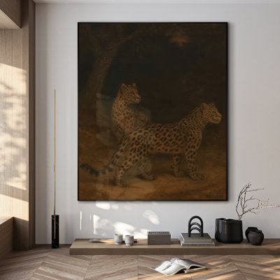 Très grande reproduction d'art sur toile - Deux léopards en alerte dans un décor de forêt profonde pour le salon ou la chambre à coucher - «Assemblage requis du cadre (cadre non fini)»