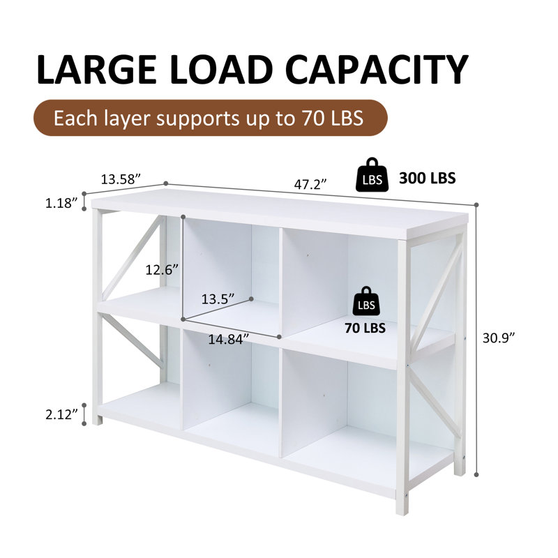6 Cube Storage Organizer Bookshelf, Industrial Horizontal Bookcase, Accent Cubby Shelf for Living Room, Home Office, 13.6" D x 47.2" W x 30.9" H, White