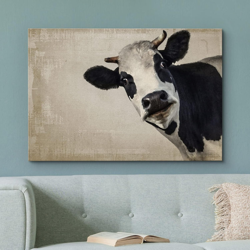 Portrait de vache noir et blanc sur une faune grunge, H 32 po x l 48 po, Toile tendue