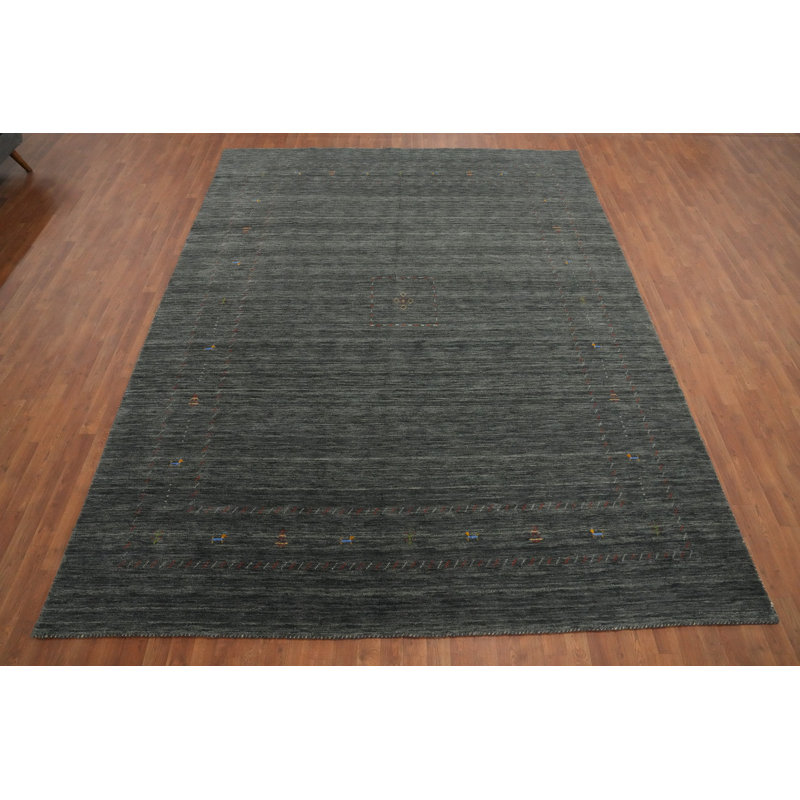 Tapis gris chic de style Gabbeh 9 x 12 avec des détails multicolores délicats