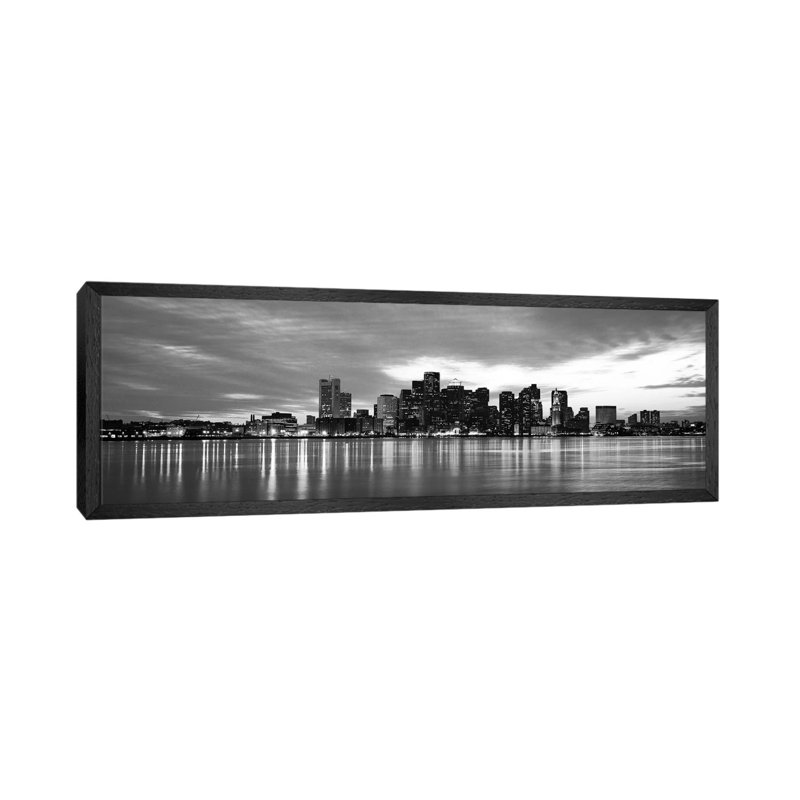 Boston Panoramic Skyline Cityscape (Black & White - Sunset) by Unknown Artist - Floater Frame Panoramic Gallery-Wrapped Canvas Giclée on Canvas