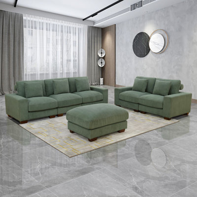 Green Corduroy 6-Piece Living Room Sofa Set Loveseat And 3 Seater