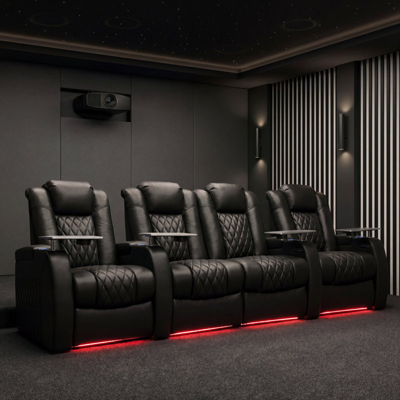 Upholstered Home Theater Seating with Cup Holder, Black