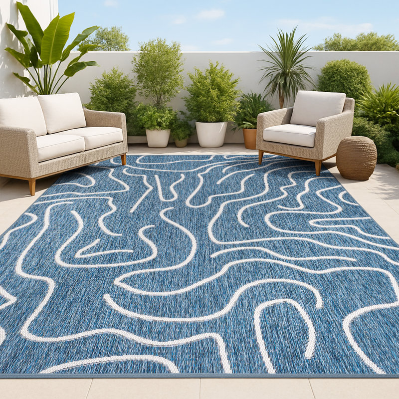 Numra Modern Coastal Organic Shapes Navy/Cream Indoor/Outdoor Rug, Rectangle 5'3" x 7'7"