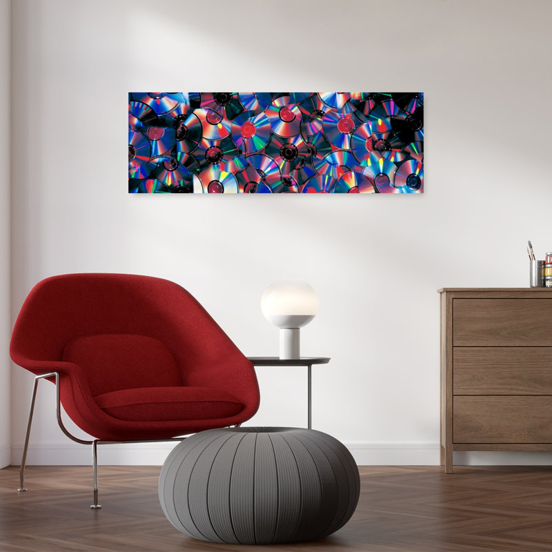 «Compact Discs», art abstrait contemporain coloré, H 12 po x l 36 po