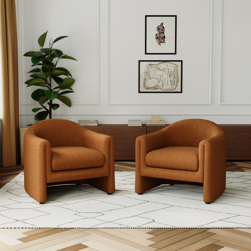 Esly Upholstered Modern Curved Rusted Orange Boucle Barrel Accent Chair, Rusted Orange Teddy