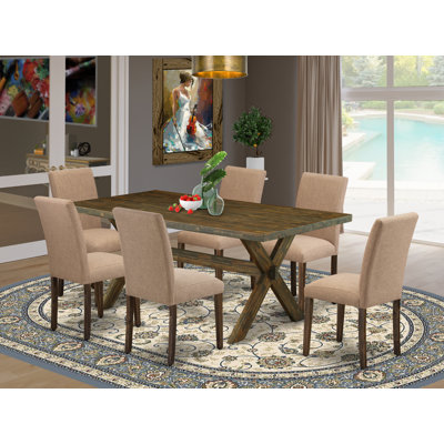 7 Piece Dining Room Furniture Set Consist of a Rectangle Dining Table with X-Legs and 6 Light Sable Linen Fabric Parsons Chairs, Multi-Color