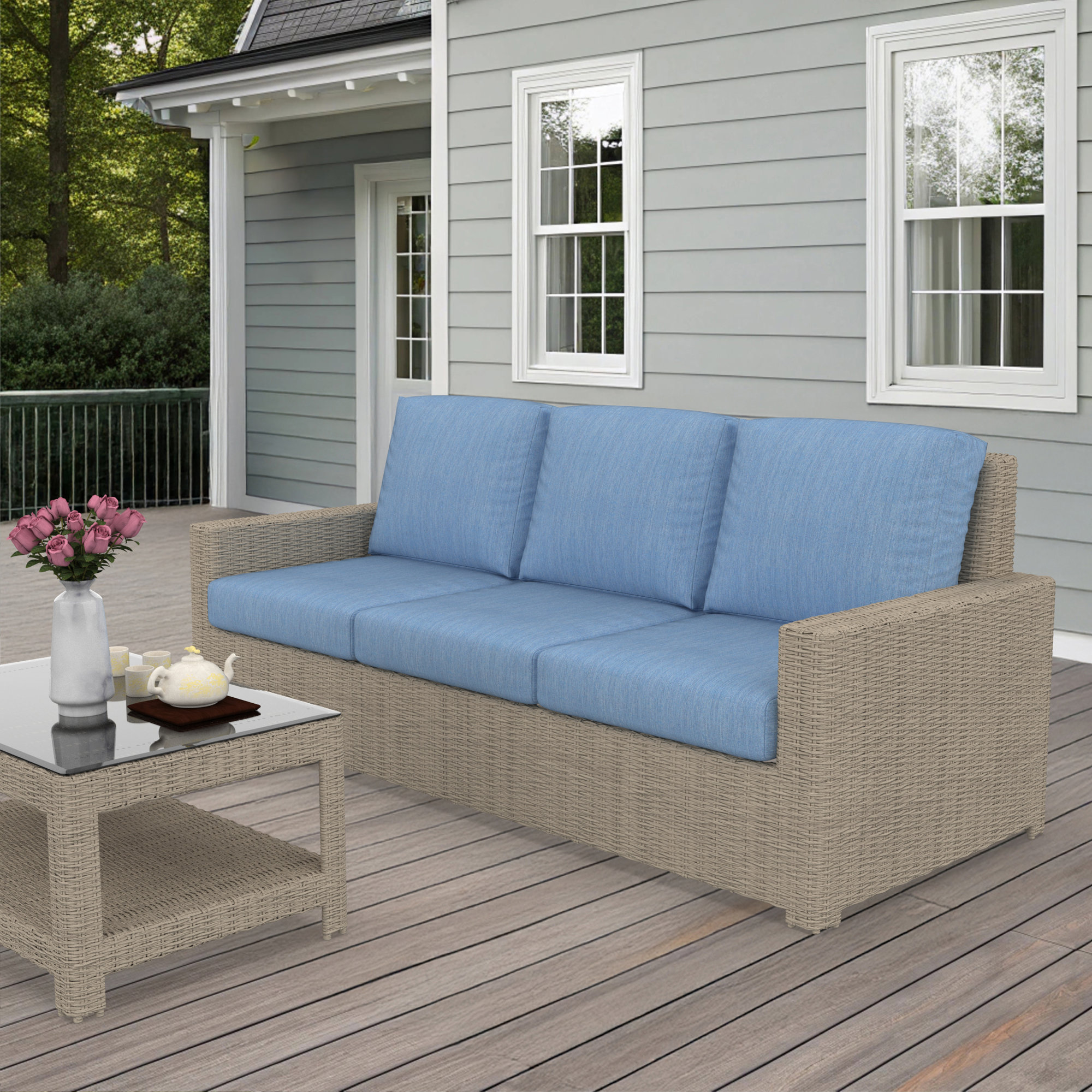 Henri 3 Seat Sofa With Sunbrella Cushions, Cast Ocean