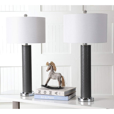Lighting Collection Modern Contemporary Faux Woven Leather Table Lamp Set Of 2 With Led Bulbs For Bedroom Living Room Home Office