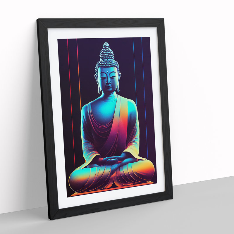 Buddha In Neon - Print, 66cm H x 48cm W x 2cm D, Black Framed, White