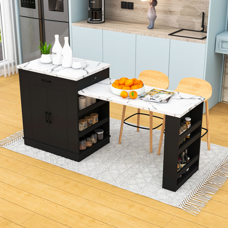 Îlot de cuisine extensible avec tiroirs, armoire à deux portes, tablettes ouvertes et comptoir télescopique, Noir