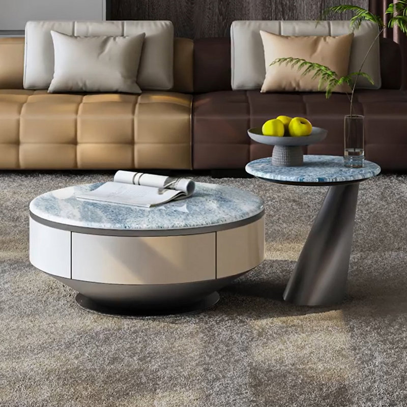Round Blue Marble Coffee Table Set, 13.8" H x 31.5" L x 31.5" W