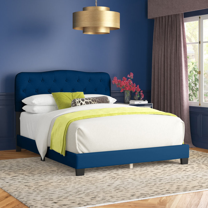 Upholstered Standard Bed, Blue Velvet, Queen